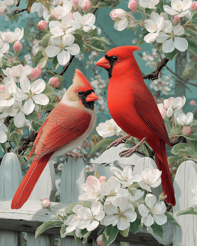Cardinal Birds on White Peach Blossom Tree Paint by Numbers