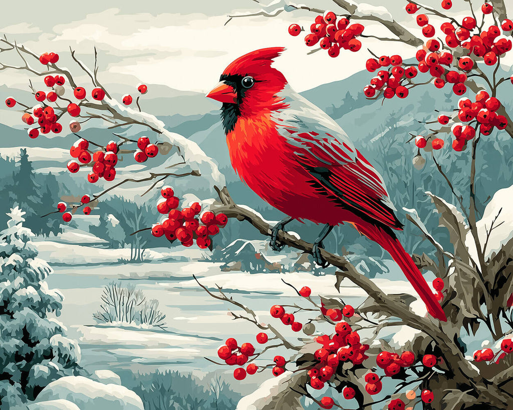 Cardinal on a Winter Berry Tree Paint by Numbers