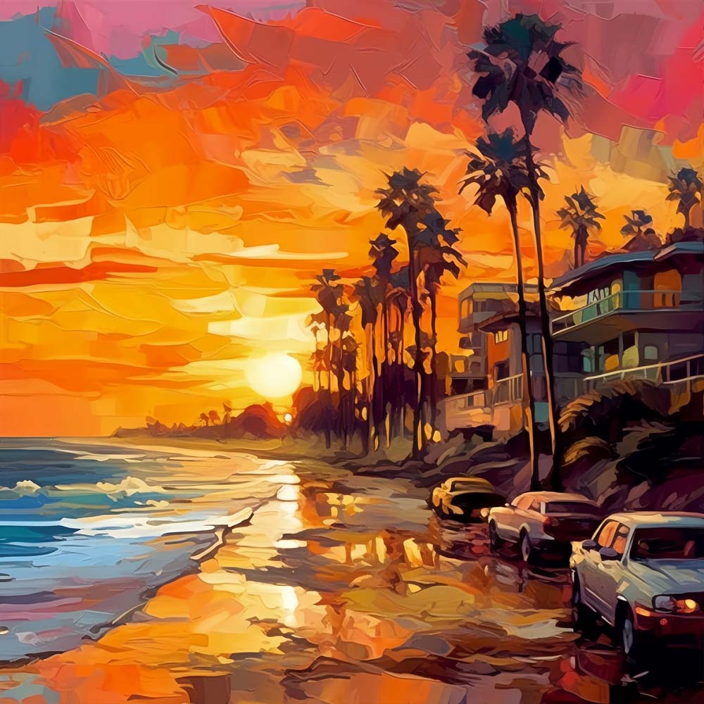 Cars and Buildings on the Beach at Sunset Paint by Numbers