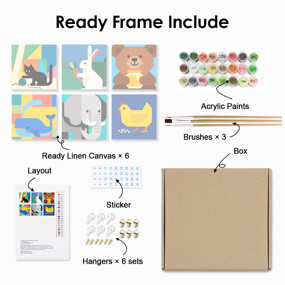Cartoon Animals 6 Pieces Mini Paint by Numbers NDPBNMINIZTF024