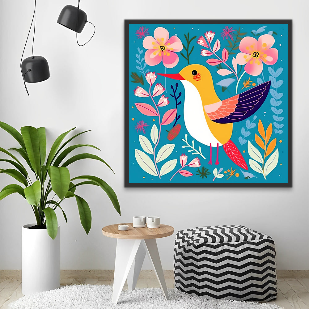 Cartoon Bird and Pink Flowers Paint by Numbers