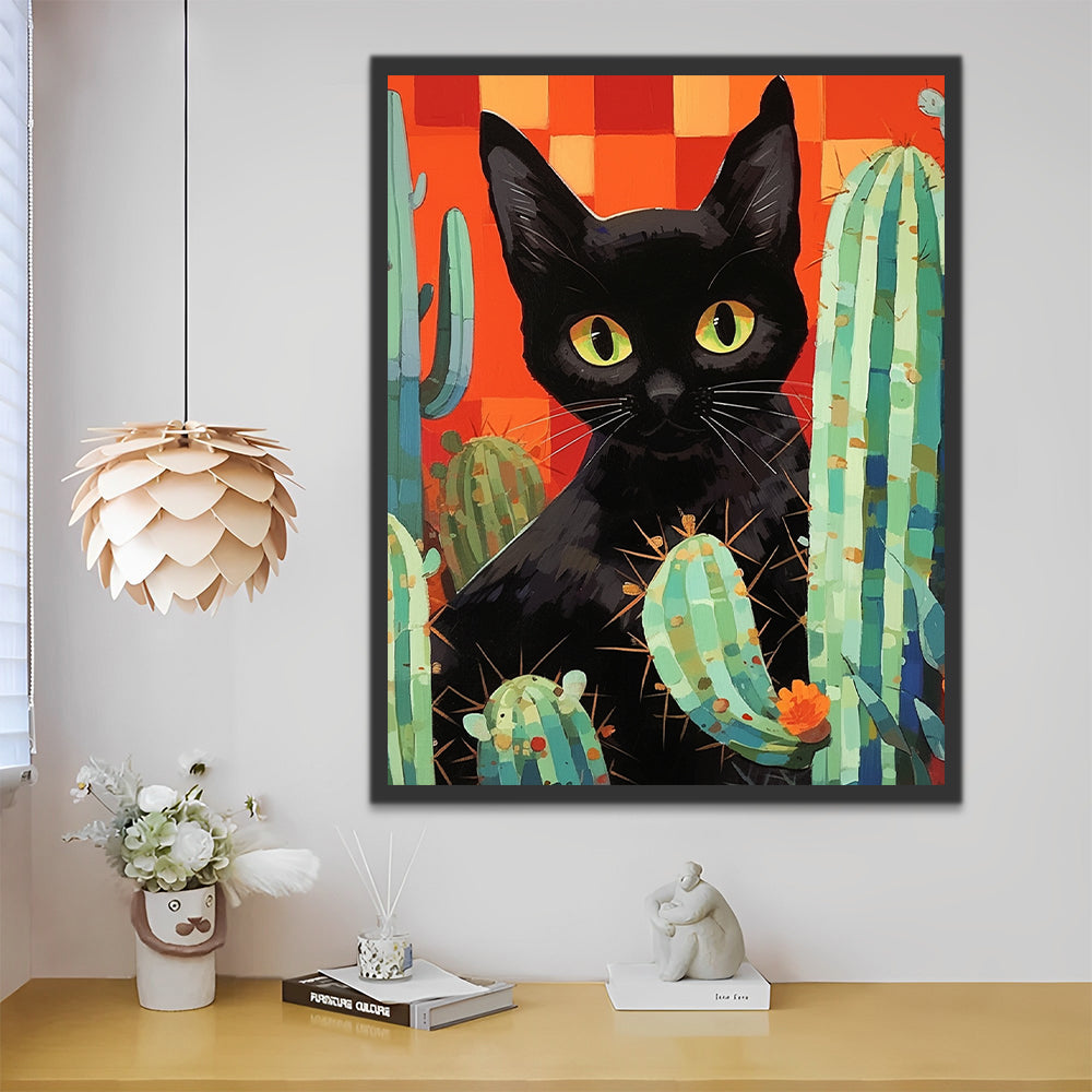 Cartoon Black Cat and Cactus Paint by Numbers