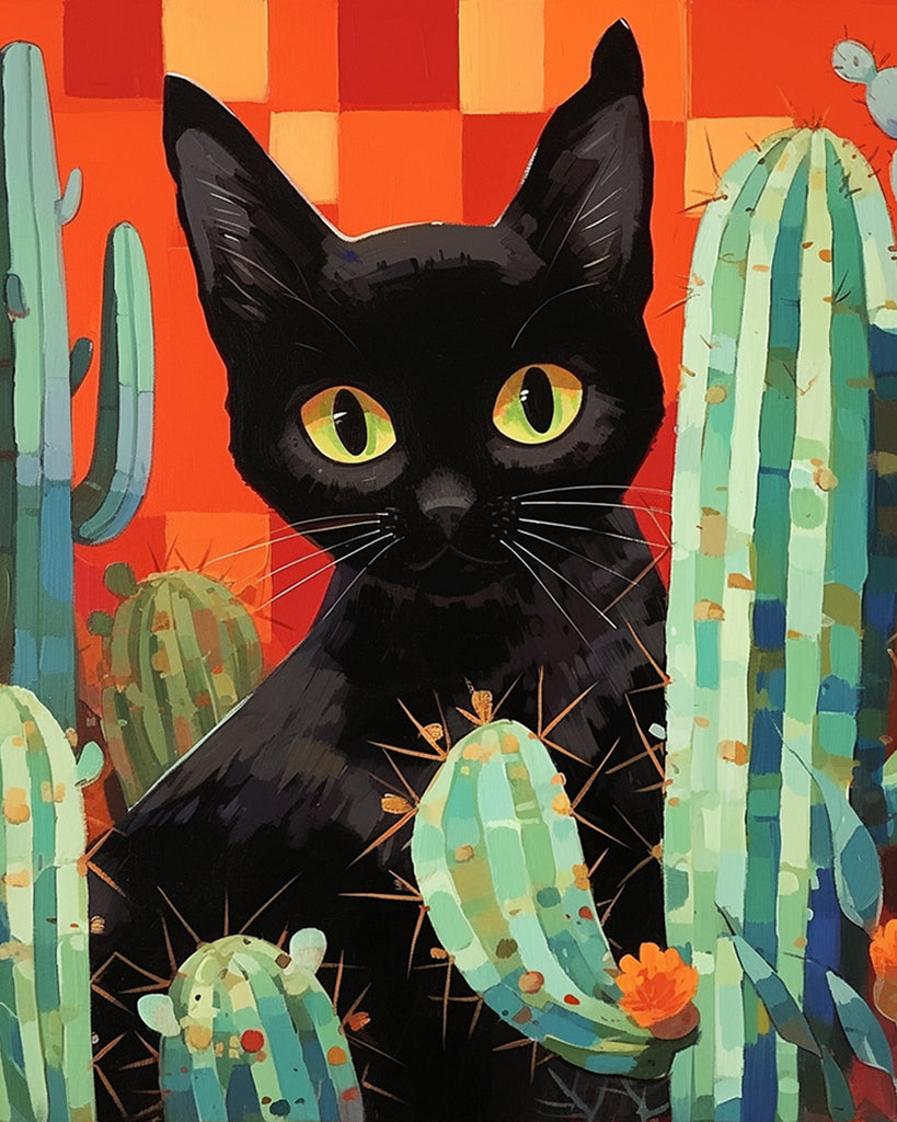 Cartoon Black Cat and Cactus Paint by Numbers