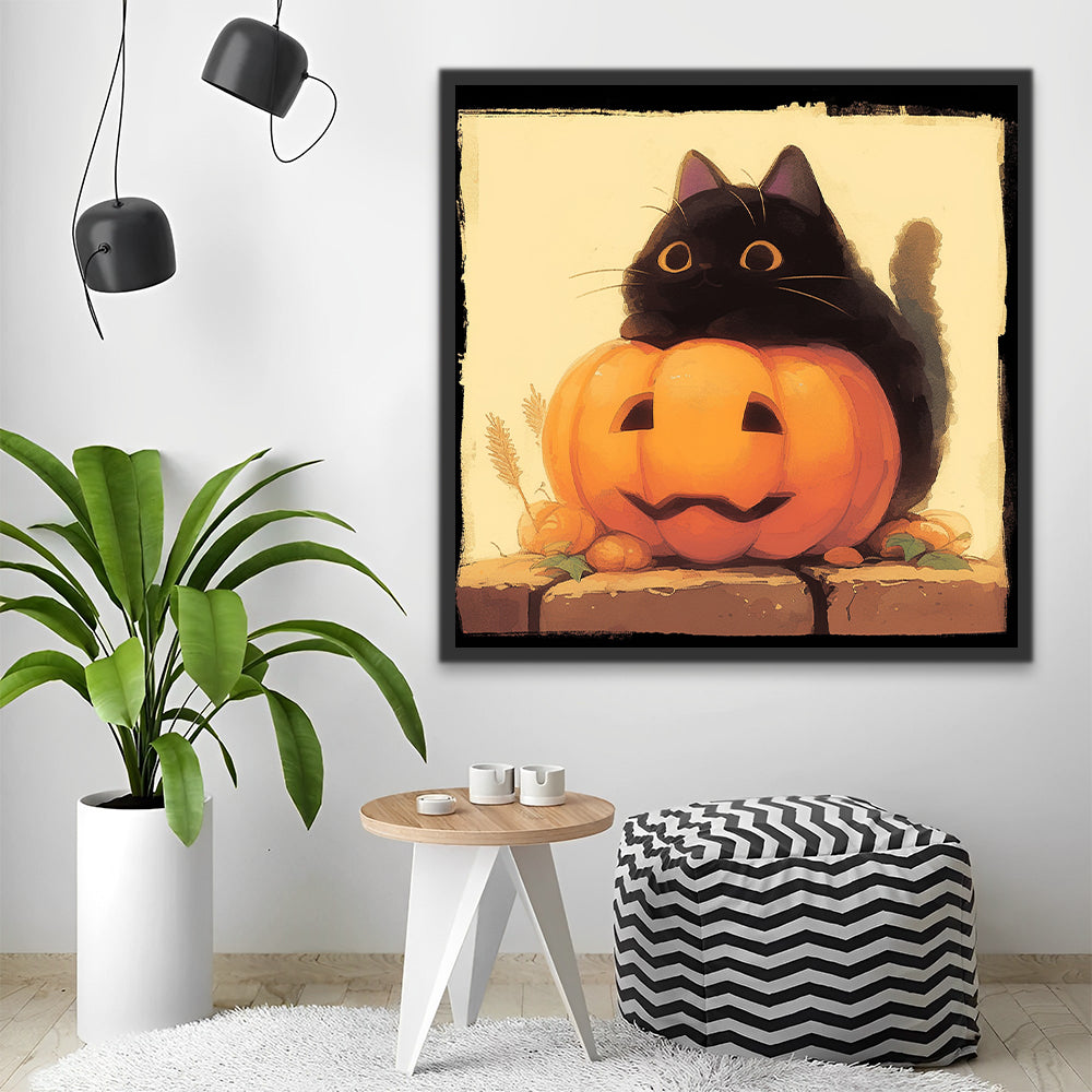 Cartoon Black Cat and Pumpkin Lantern Paint by Numbers