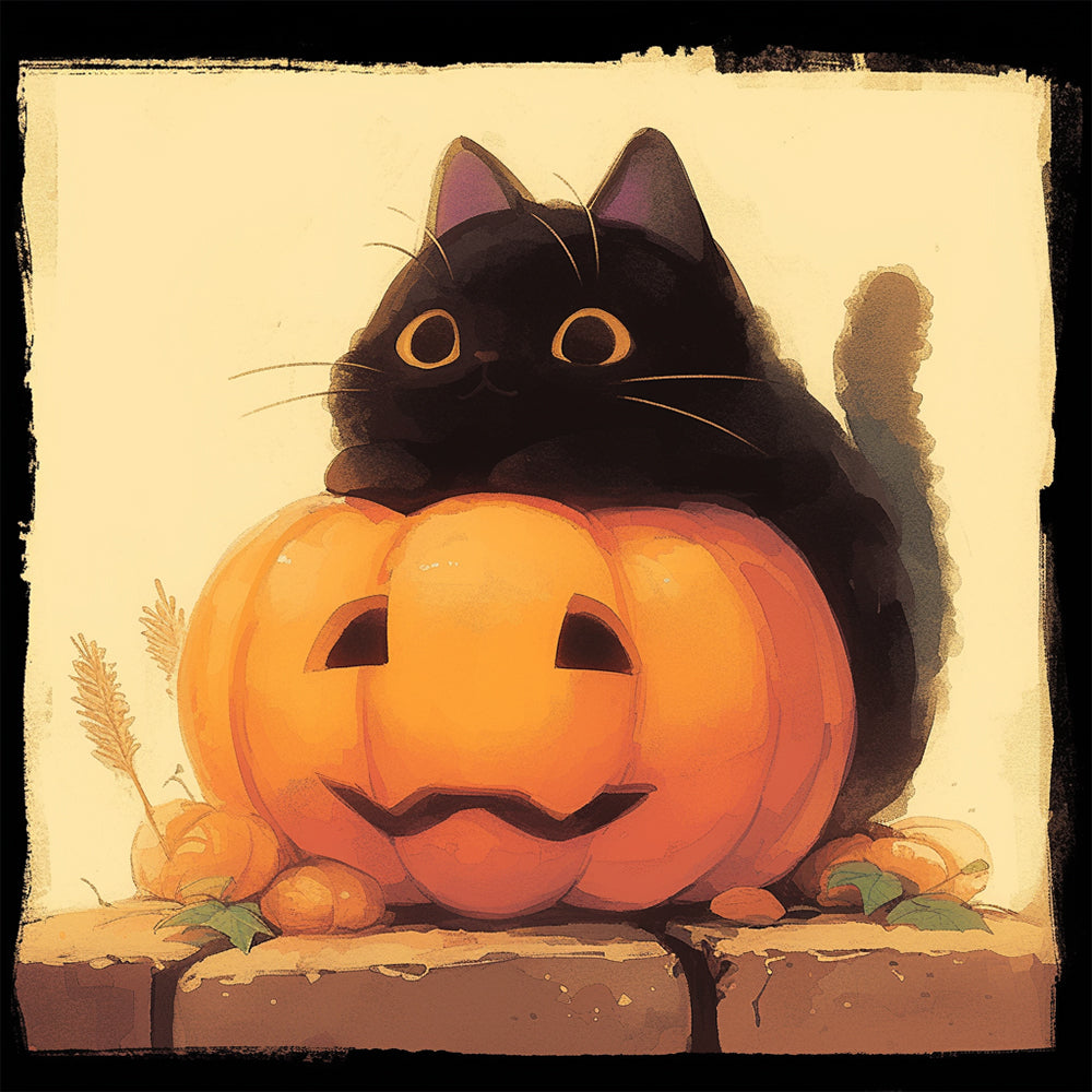 Cartoon Black Cat and Pumpkin Lantern Paint by Numbers