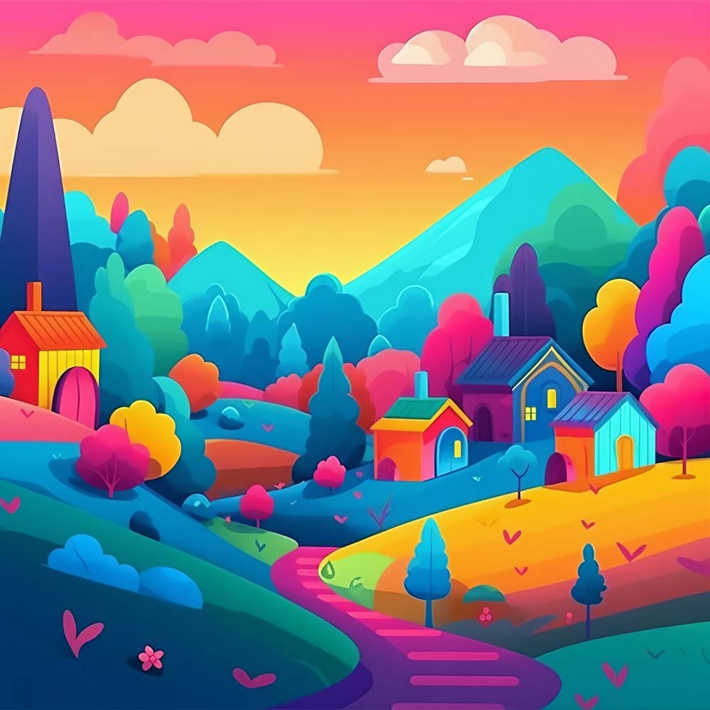 Cartoon Blue Mountains and Houses Paint by Numbers for Kids