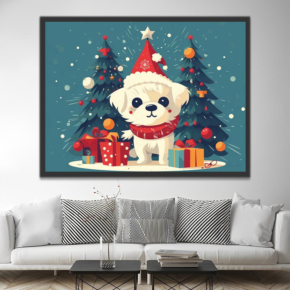 Cartoon Christmas Trees and White Puppy Paint by Numbers for Kids