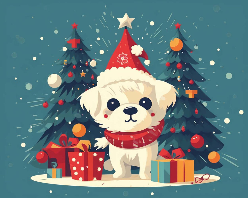 Cartoon Christmas Trees and White Puppy Paint by Numbers for Kids