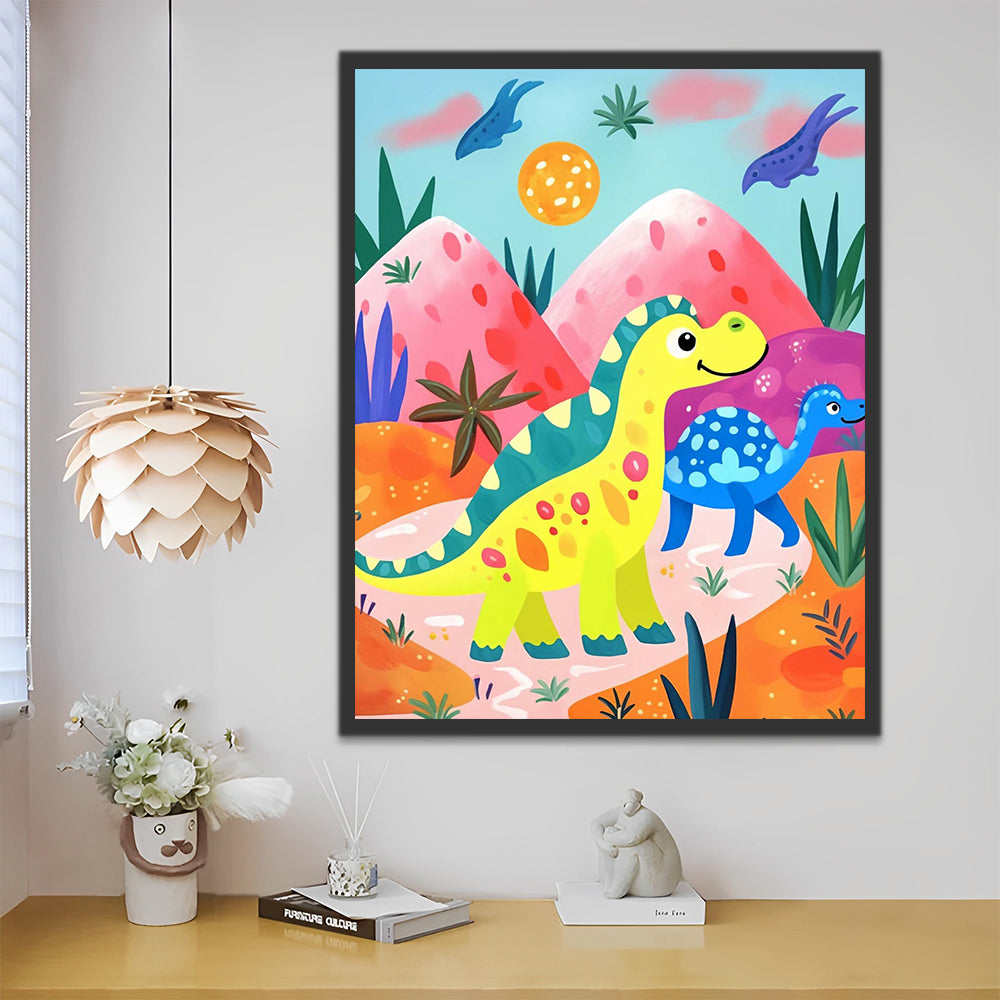 Cartoon Dinosaurs and Mountain Paint by Numbers for Kids