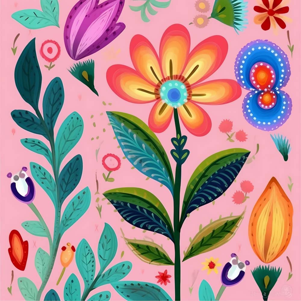 Cartoon Flowers and Leaves on Pink Background Paint by Numbers for Kids