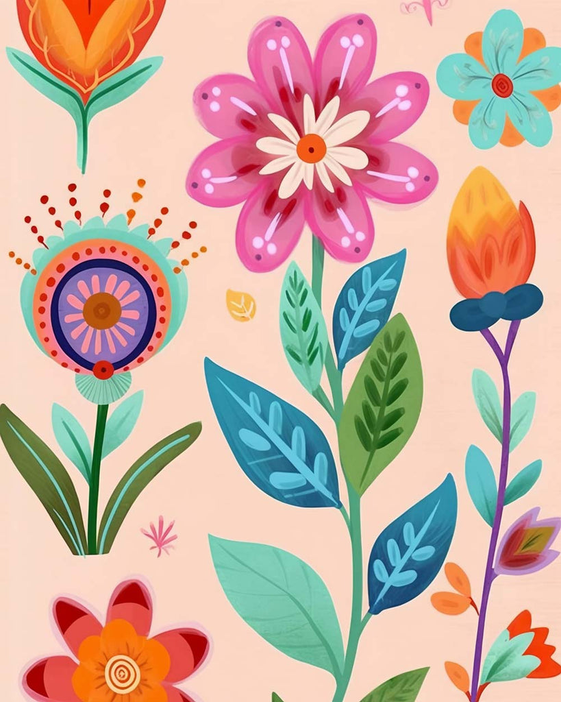 Cartoon Flowers on Pink Background Paint by Numbers for Kids