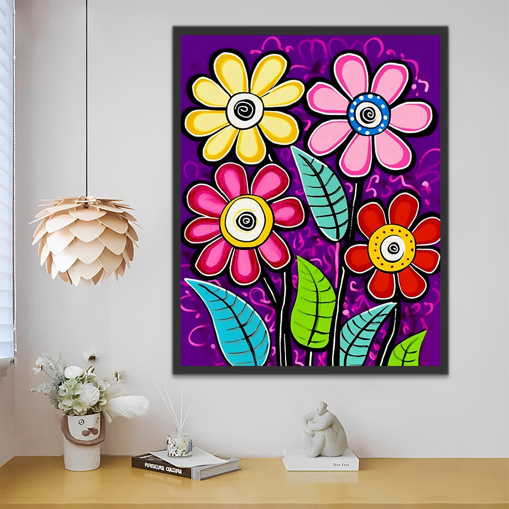 Cartoon Flowers on Purple Background Paint by Numbers for Kids