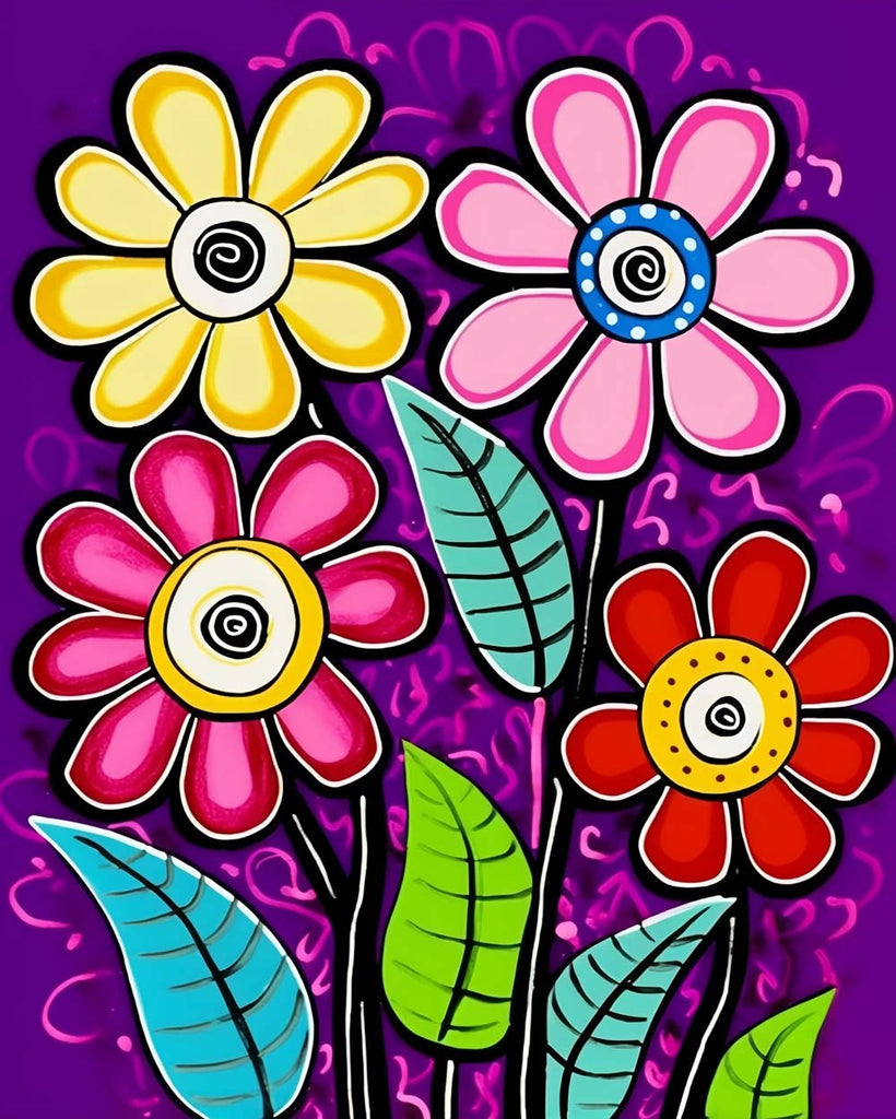 Cartoon Flowers on Purple Background Paint by Numbers for Kids