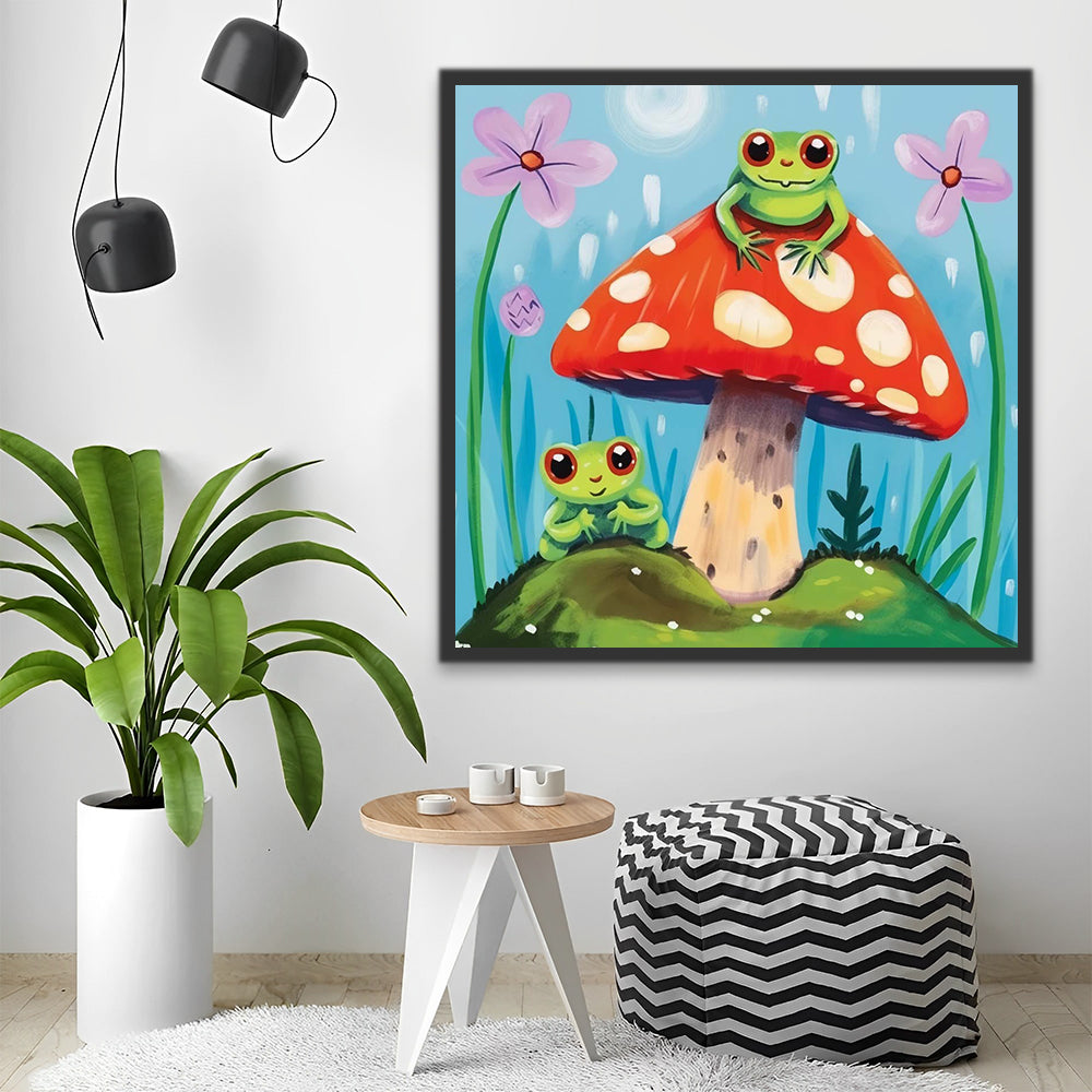 Cartoon Frogs and Mushroom in Rain Paint by Numbers for Kids