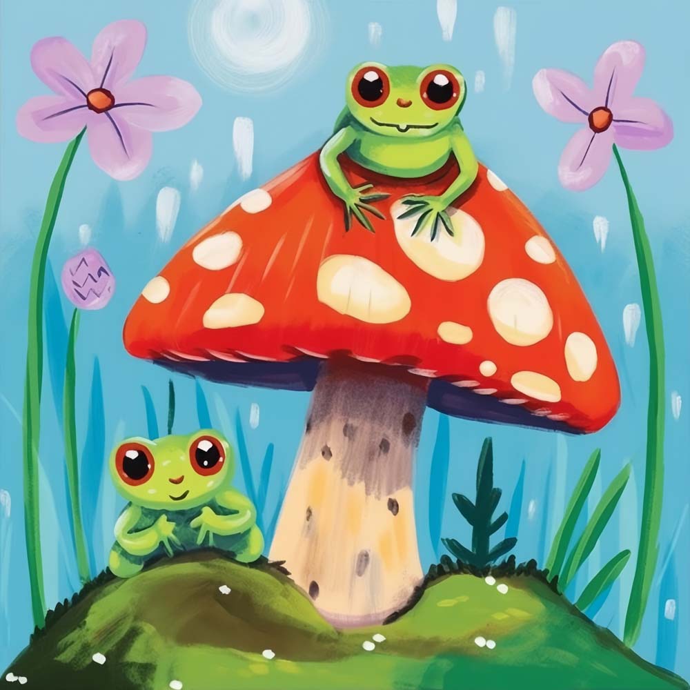 Cartoon Frogs and Mushroom in Rain Paint by Numbers for Kids