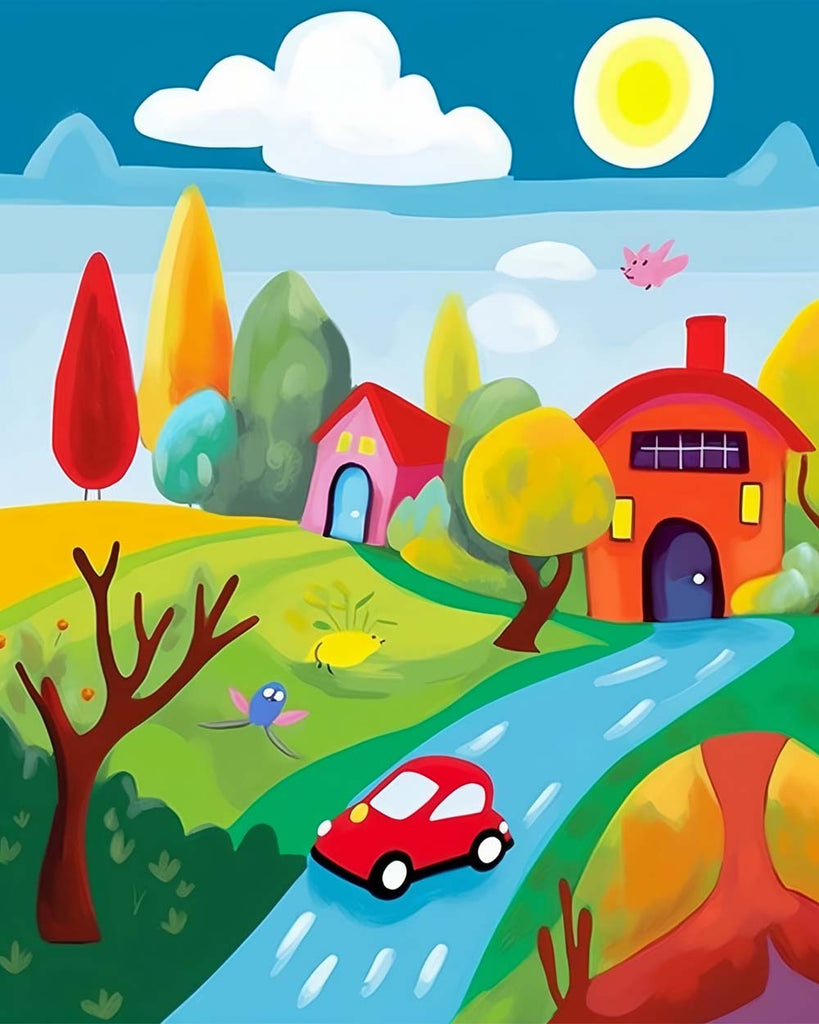 Cartoon Hut and Trees Paint by Numbers for Kids