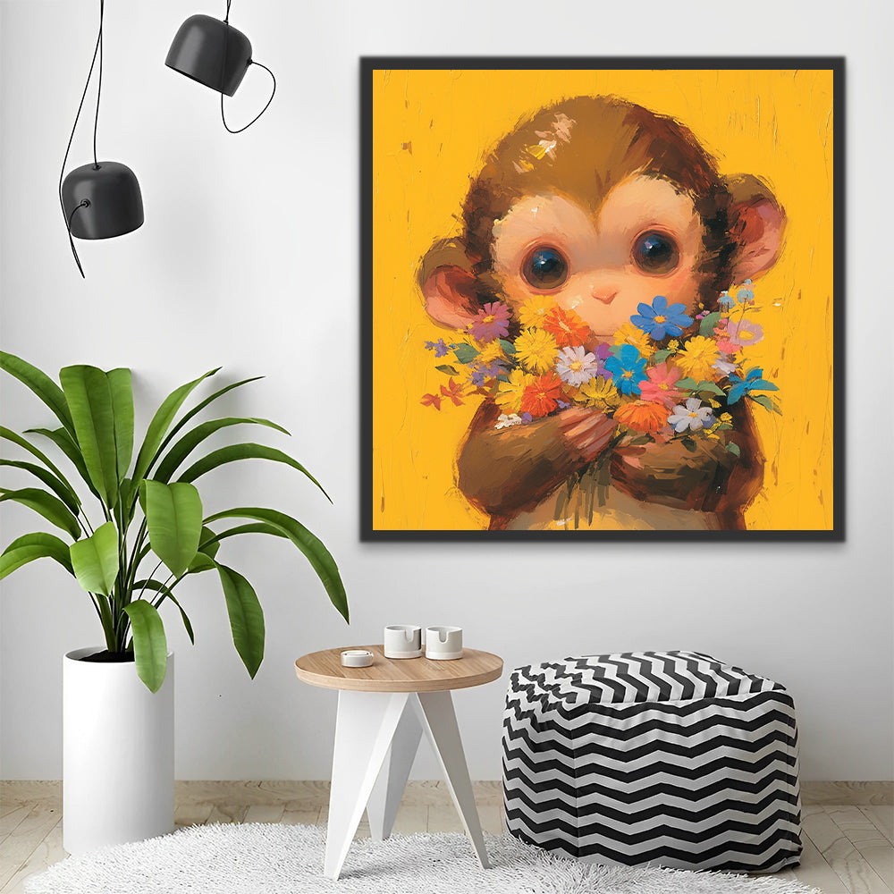 Cartoon Monkey Holding Flowers Paint by Numbers