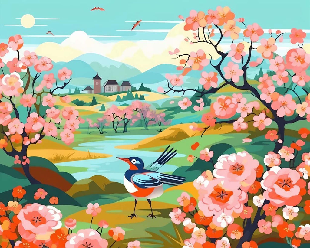 Cartoon Parrot and Peach Blossom Paint by Numbers