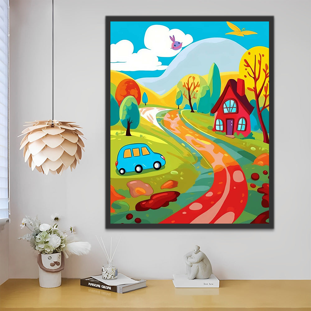 Cartoon Red House and Blue Car Paint by Numbers for Kids