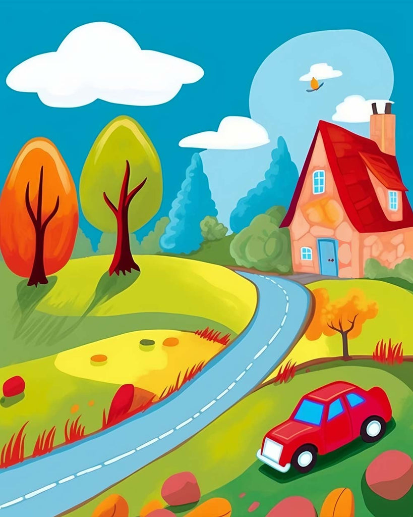 Cartoon Red House and Car Paint by Numbers for Kids