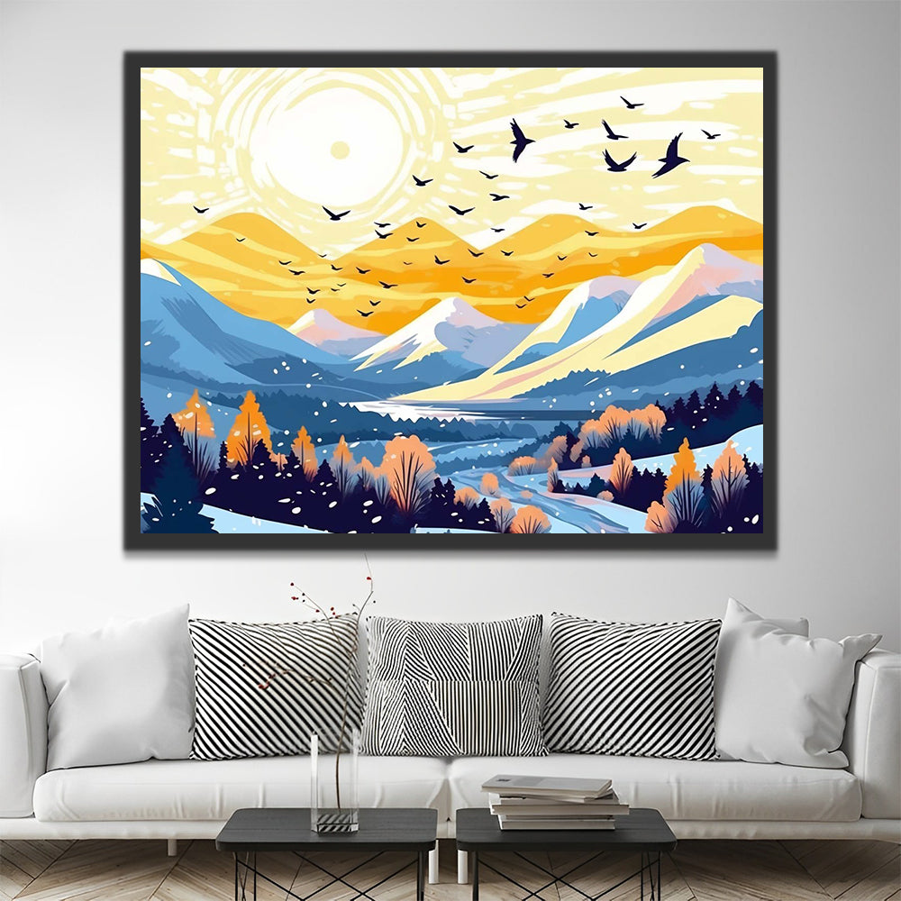 Cartoon Snowy Mountains and Flying Birds Paint by Numbers