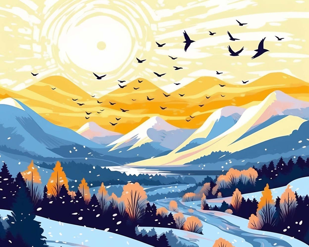 Cartoon Snowy Mountains and Flying Birds Paint by Numbers