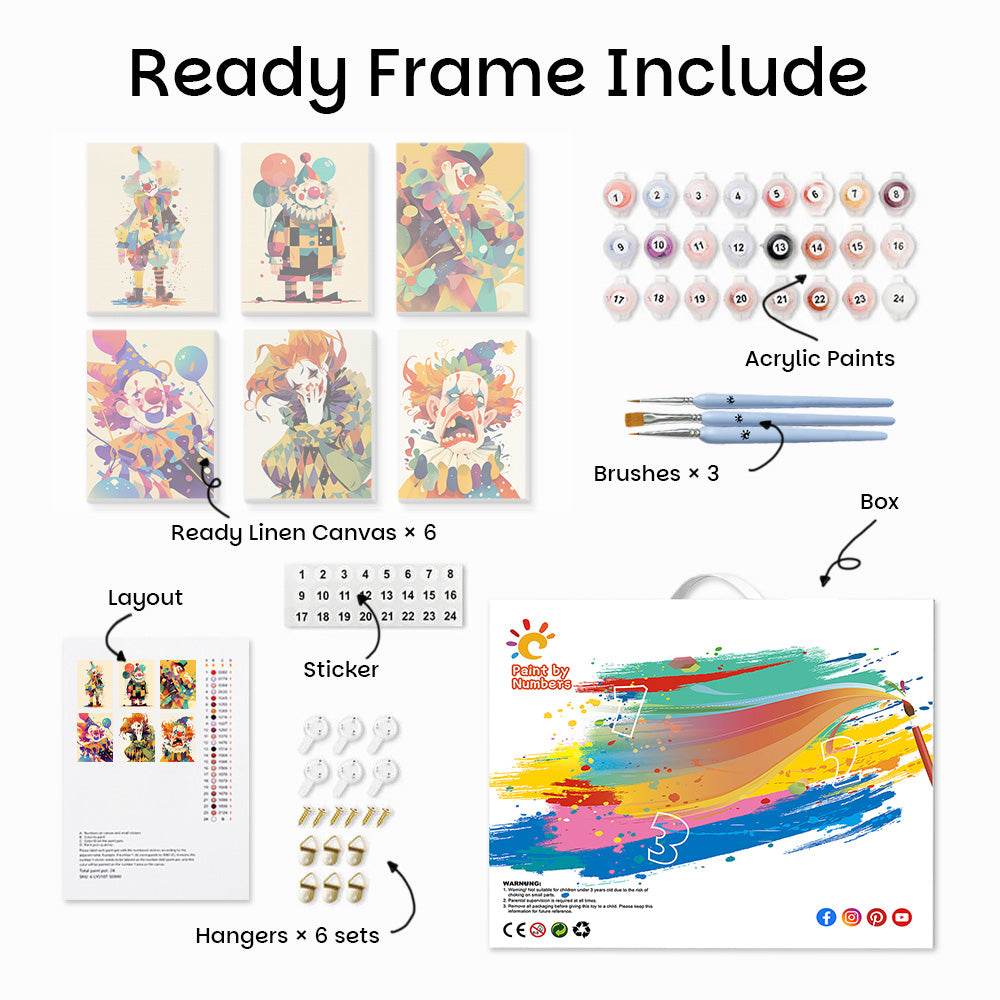 Cartoon Style Clown 6 Pieces Mini Paint by Numbers