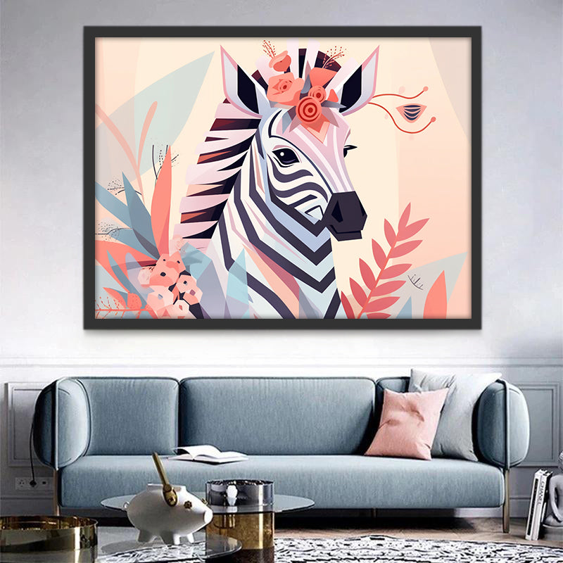 Cartoon Zebra and Pink Leaves Paint by Numbers