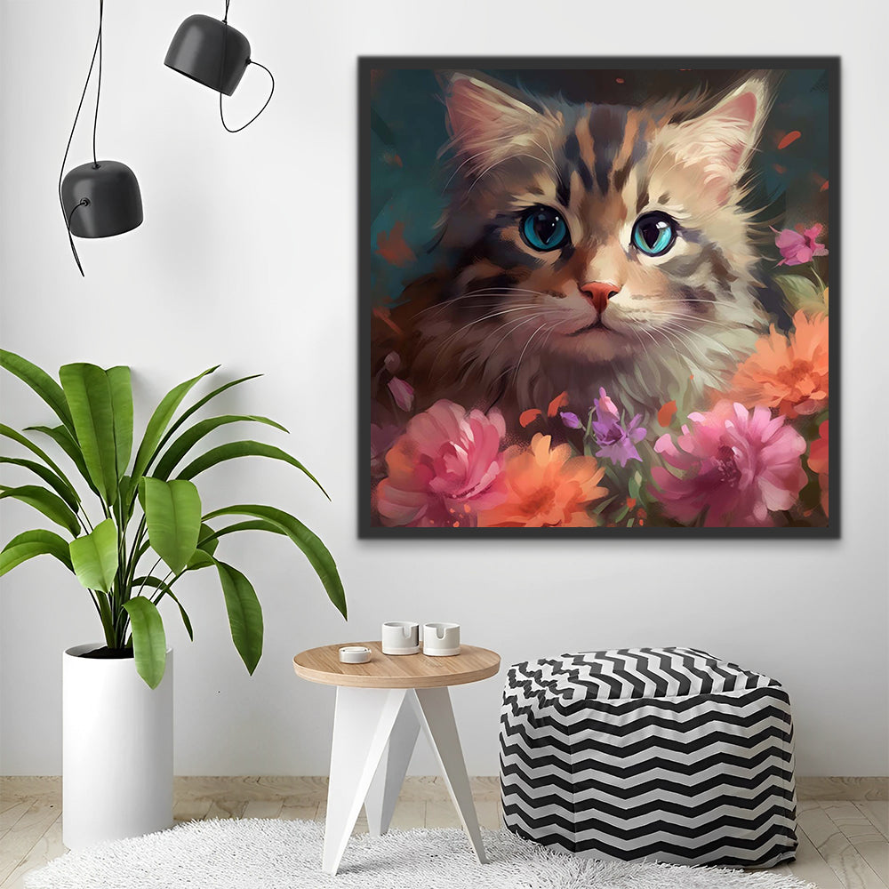 Cat and Colorful Flowers Paint by Numbers