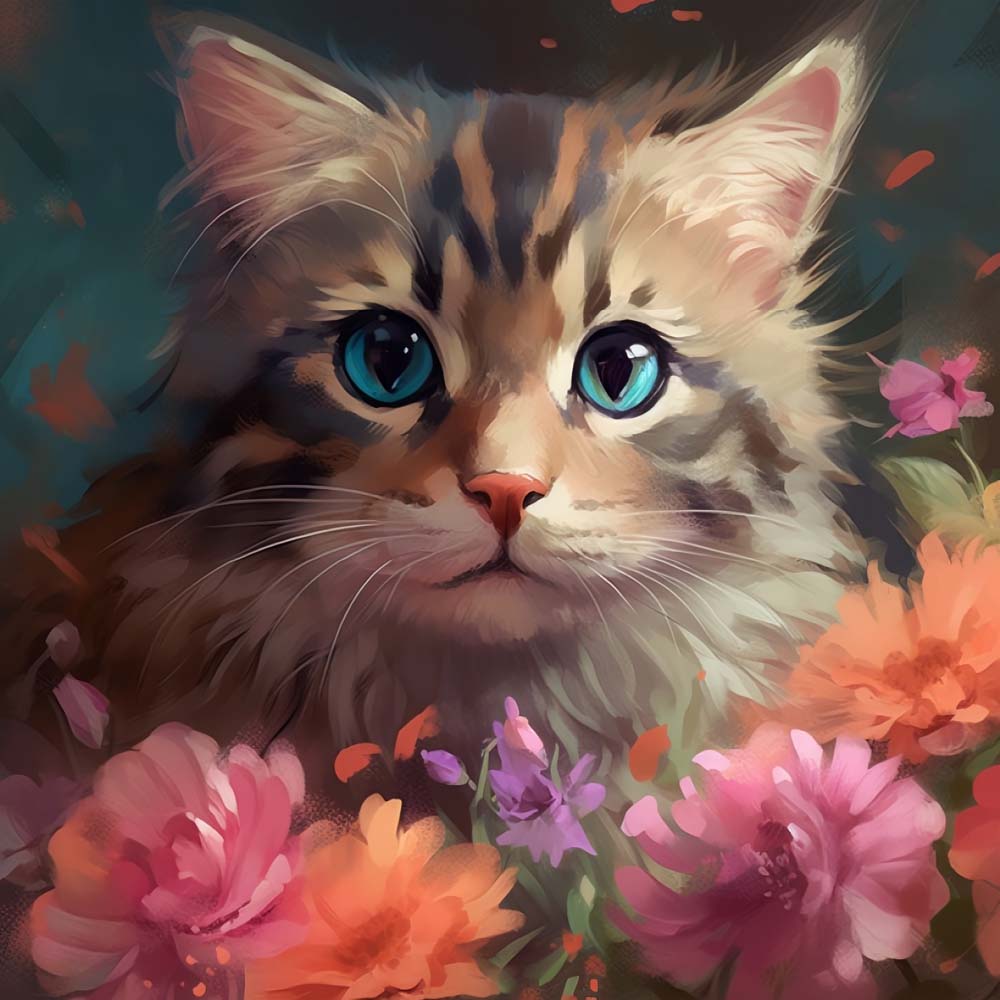 Cat and Colorful Flowers Paint by Numbers