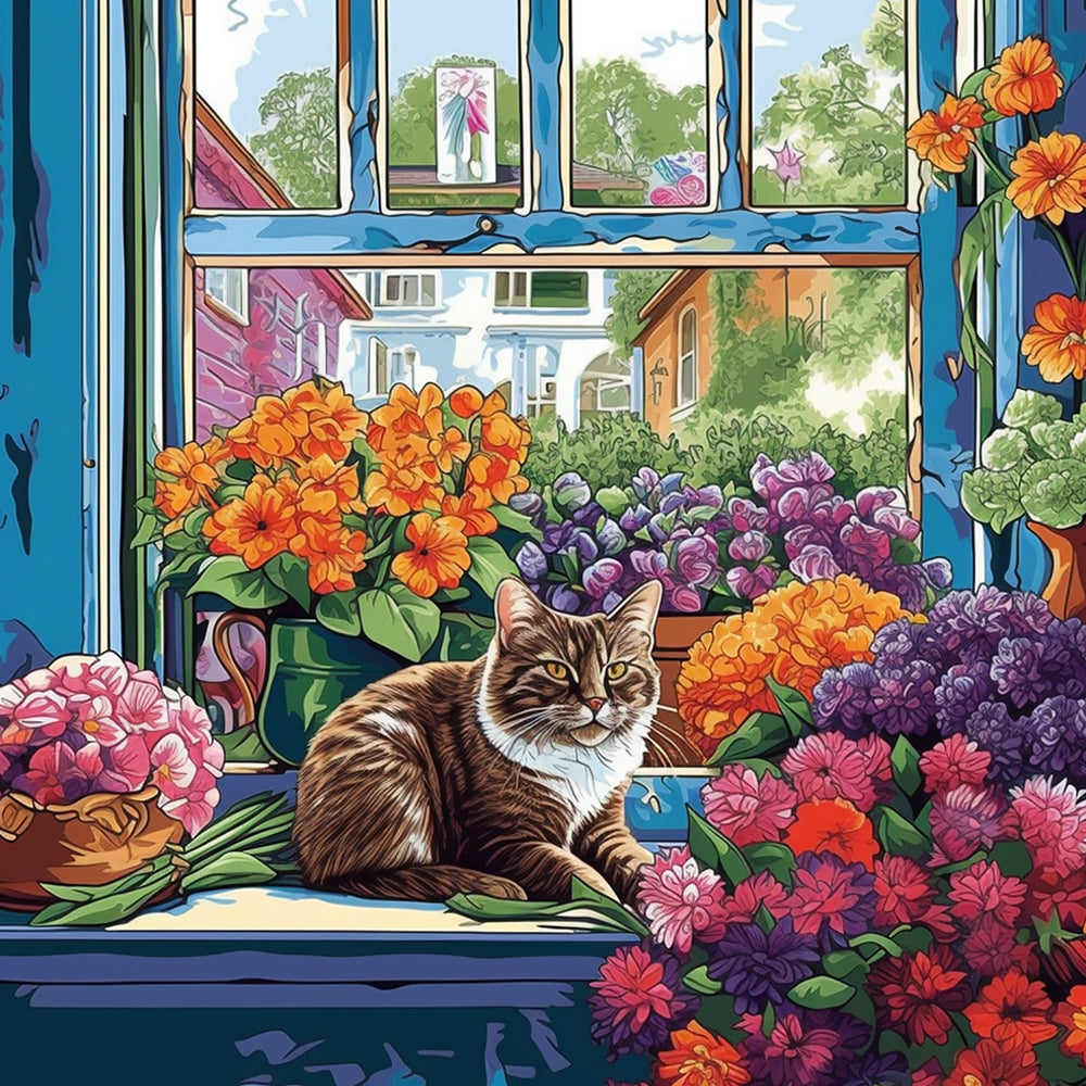 Cat and Flowers by the Window Paint by Numbers