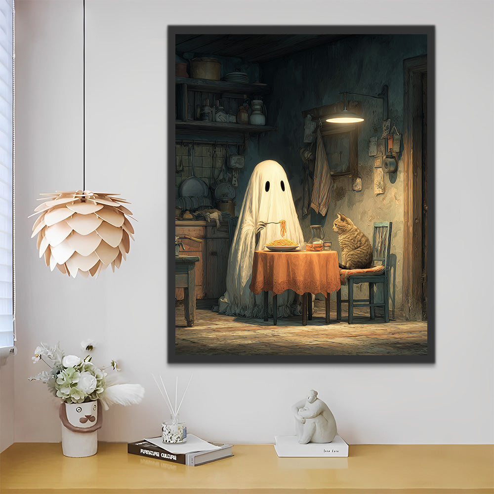 Cat and White Ghost Eating Noodles Paint by Numbers