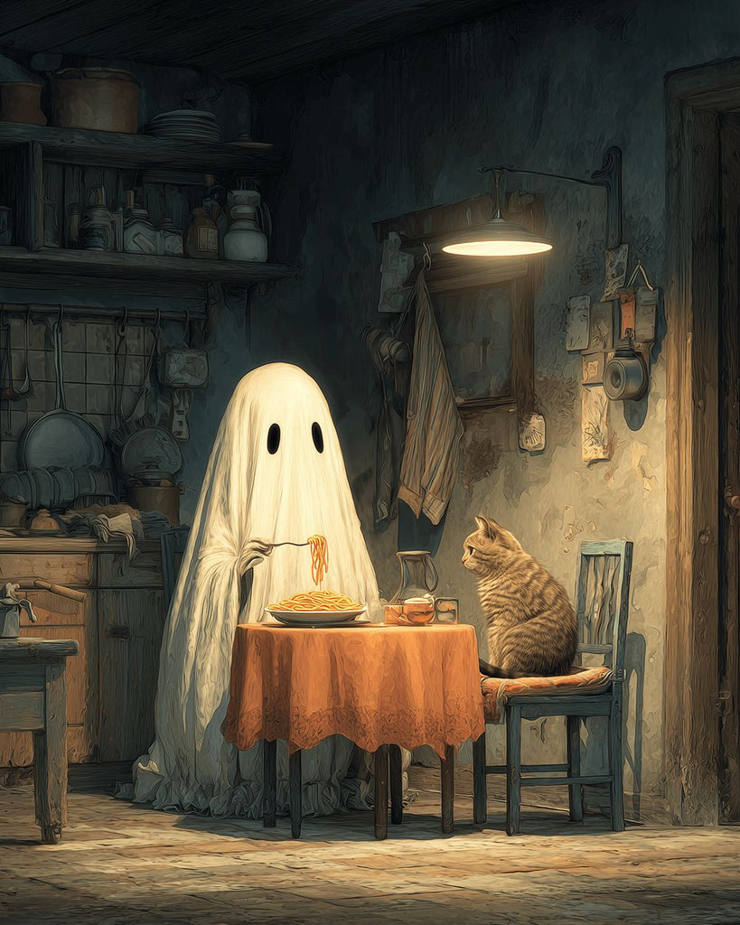 Cat and White Ghost Eating Noodles Paint by Numbers