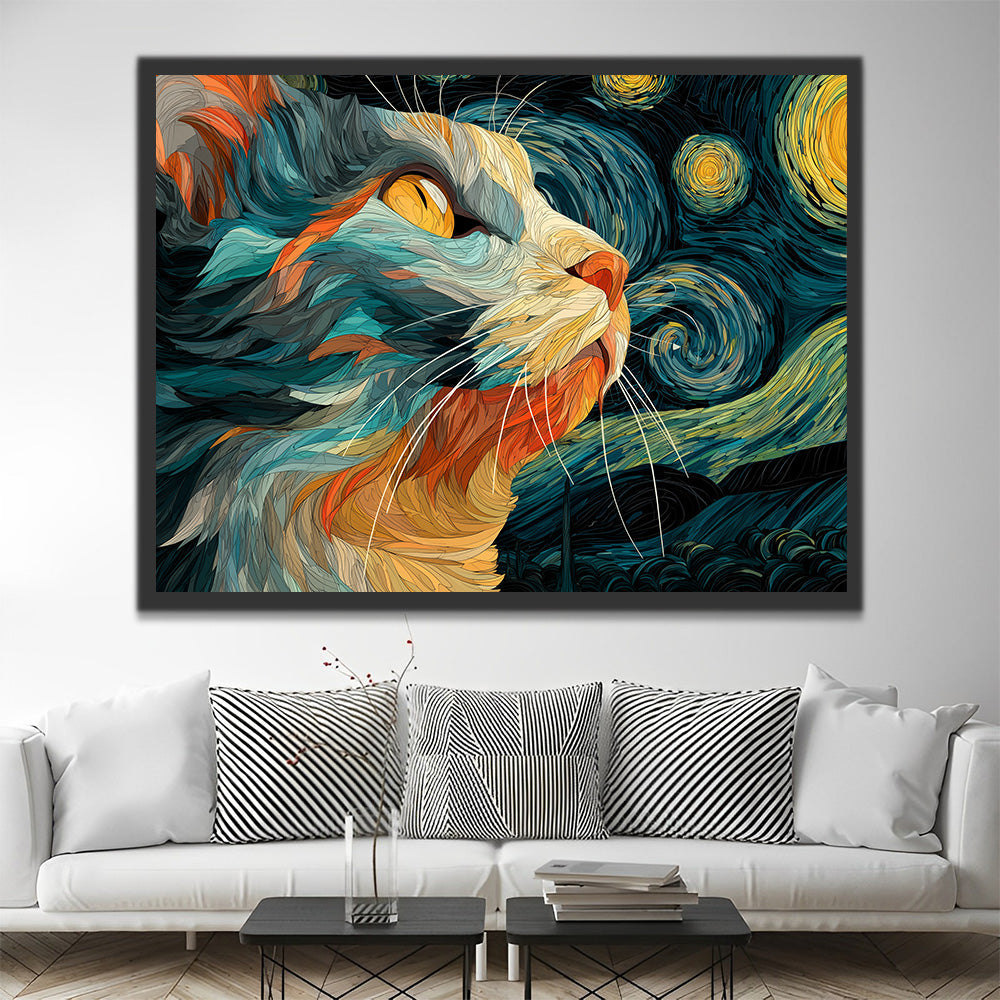 Cat Looking at the Starry Night Paint by Numbers
