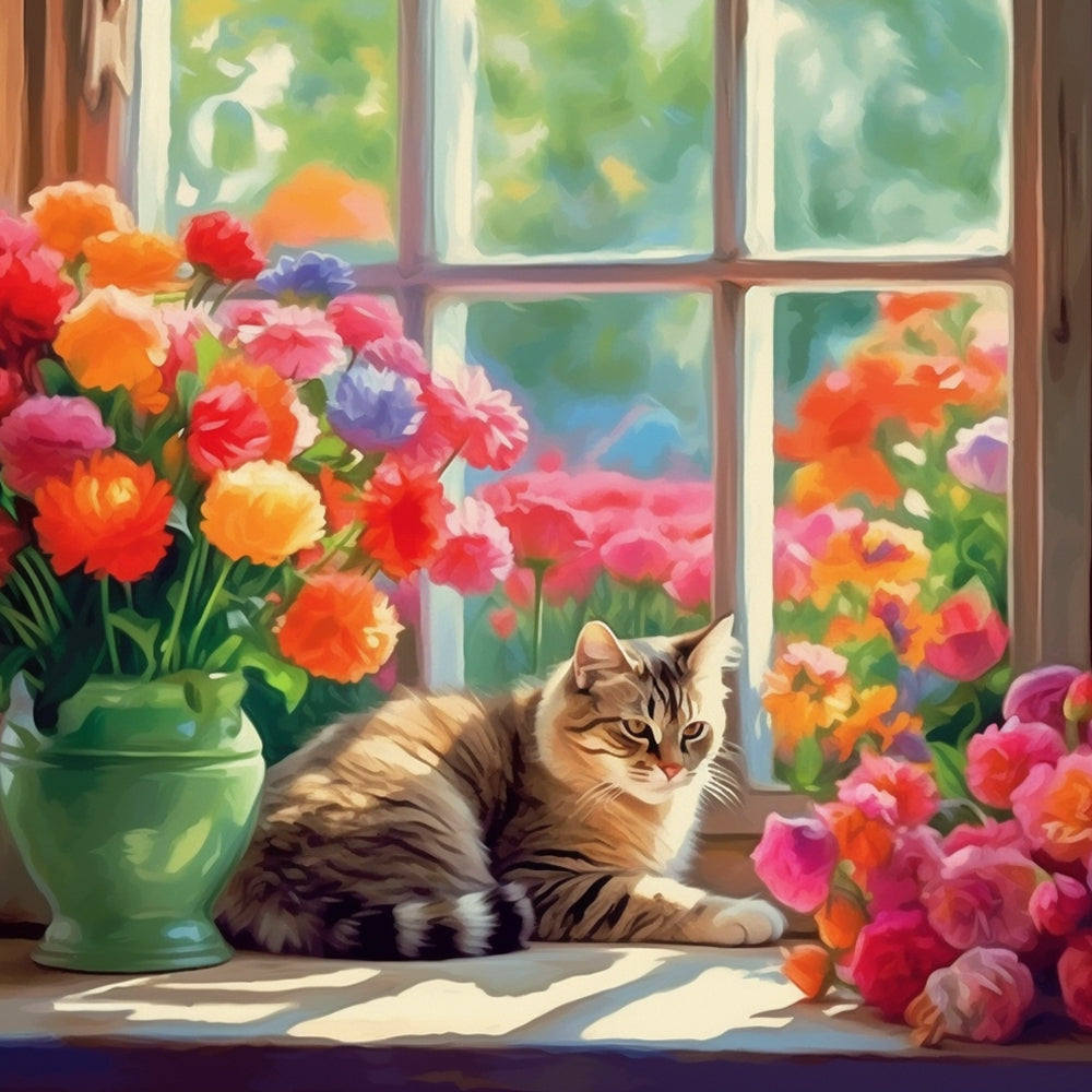 Cat on Windowsill in Spring Paint by Numbers