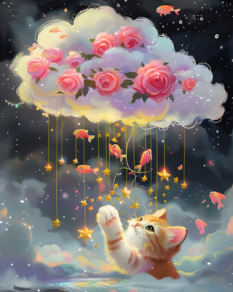 Cat Wants Pink Roses in the Clouds and Goldfishes Paint by Numbers