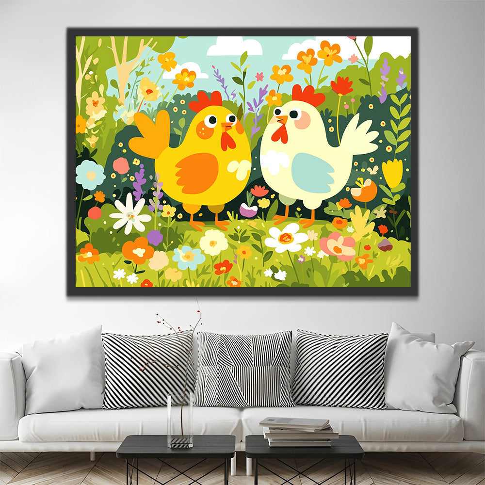 Chickens in a Field of Wildflowers in Spring Paint by Numbers