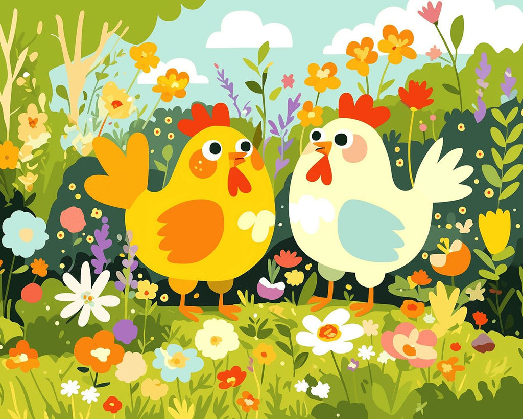 Chickens in a Field of Wildflowers in Spring Paint by Numbers