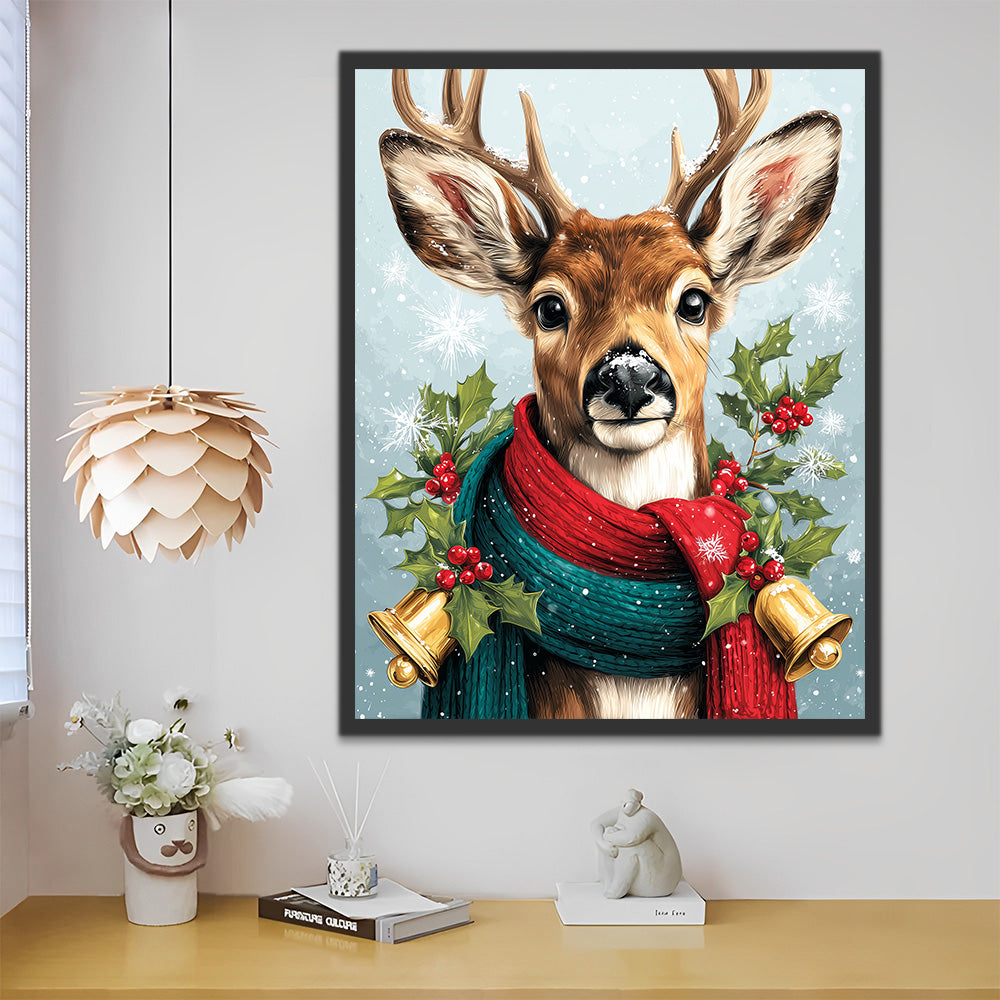 Christmas Deer Wearing Red and Green Scarves Paint by Numbers