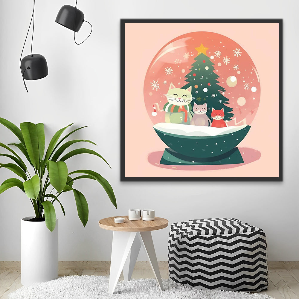 Christmas Tree and Cats in a Crystal Ball Paint by Numbers