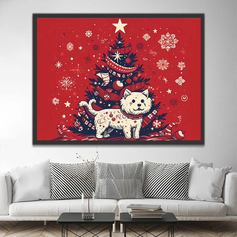 Christmas Tree and Puppy on Red Background Paint by Numbers for Kids