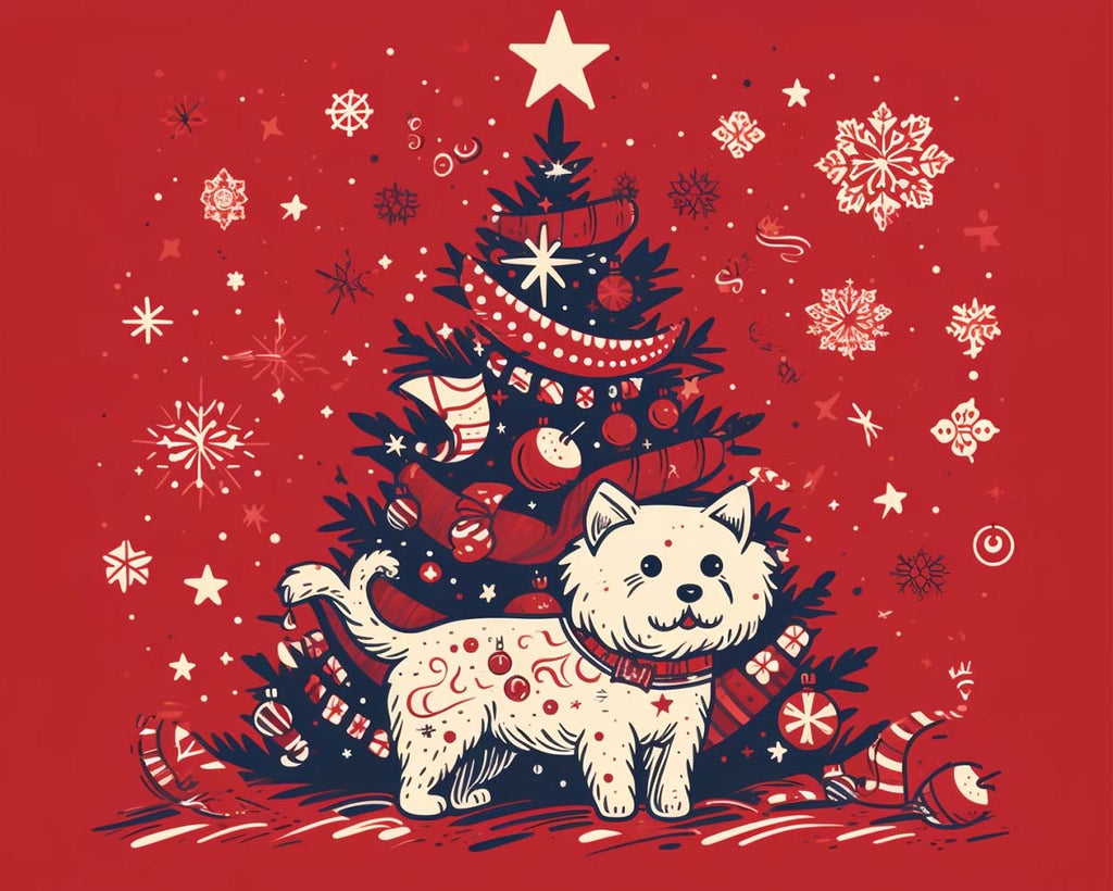 Christmas Tree and Puppy on Red Background Paint by Numbers for Kids