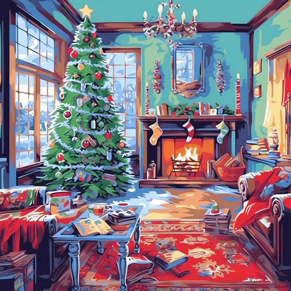 Christmas Tree by the Window and Fireplace Paint by Numbers