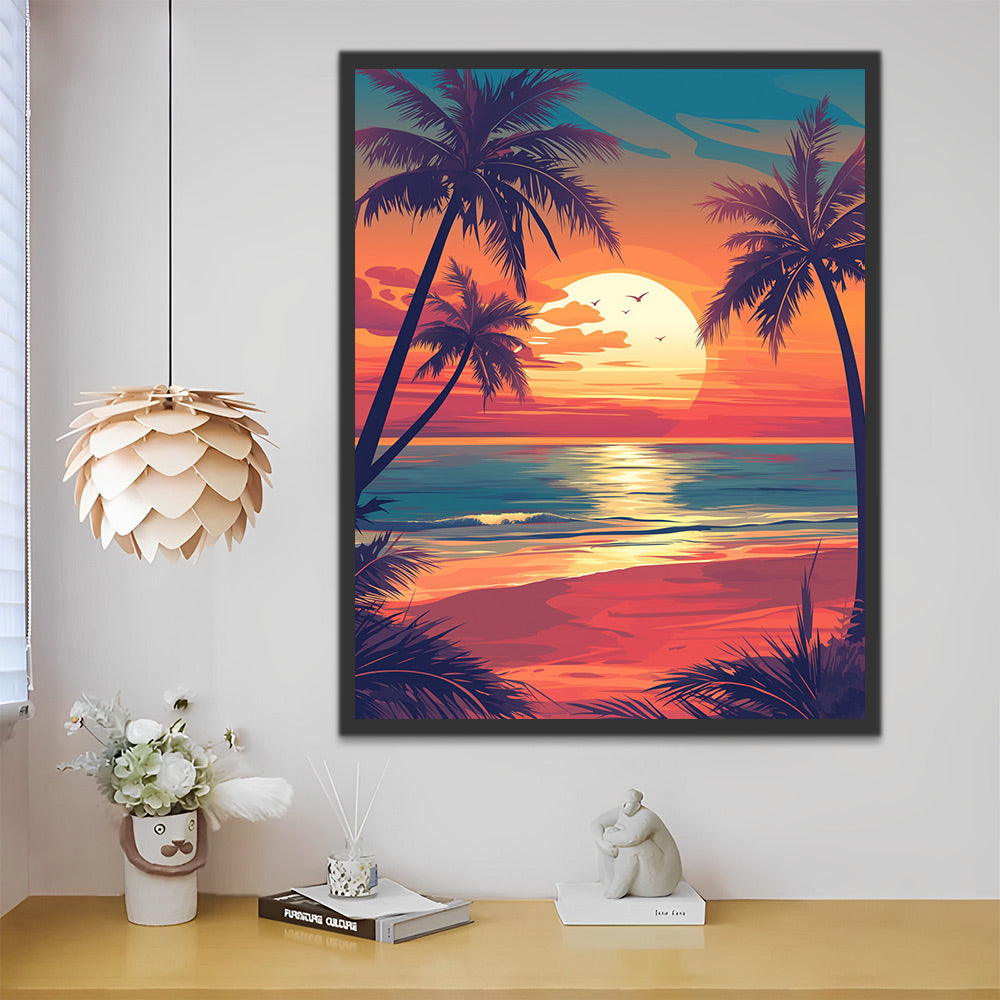 Coconut Trees by the Sea at Sunset Paint by Numbers