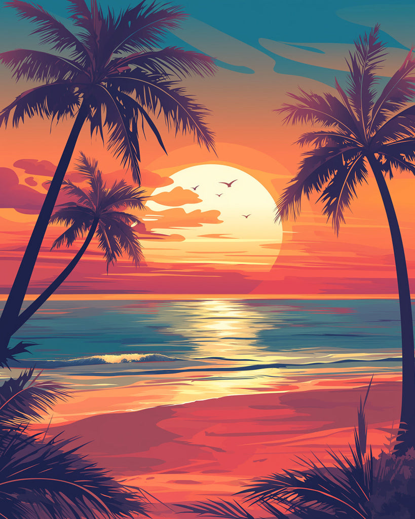 Coconut Trees by the Sea at Sunset Paint by Numbers