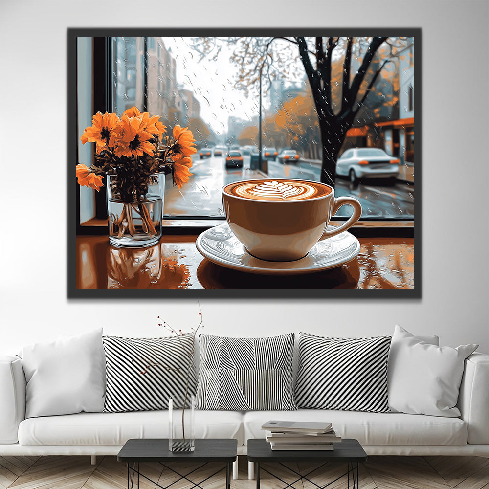 Coffee and Orange Flowers on a Rainy Day Paint by Numbers
