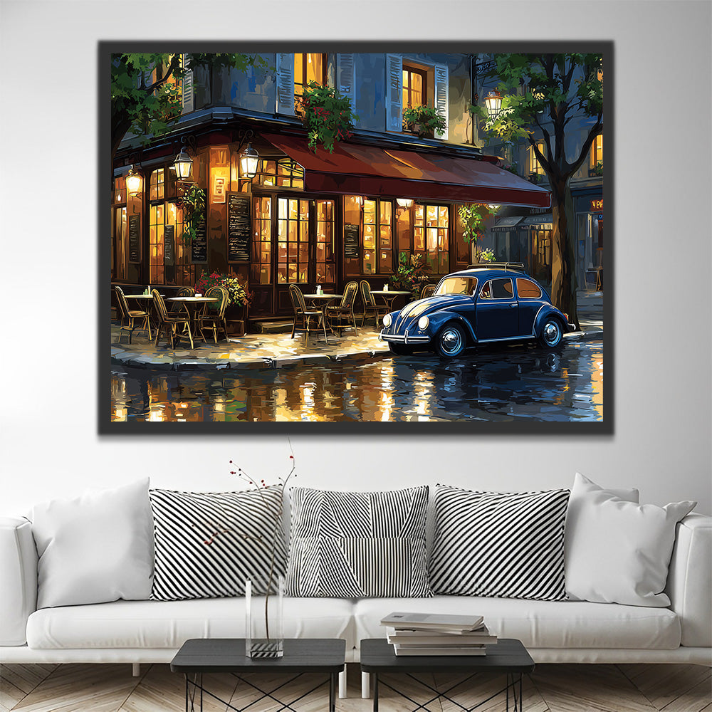 Coffee Shop and Car in the Rain at Night Paint by Numbers