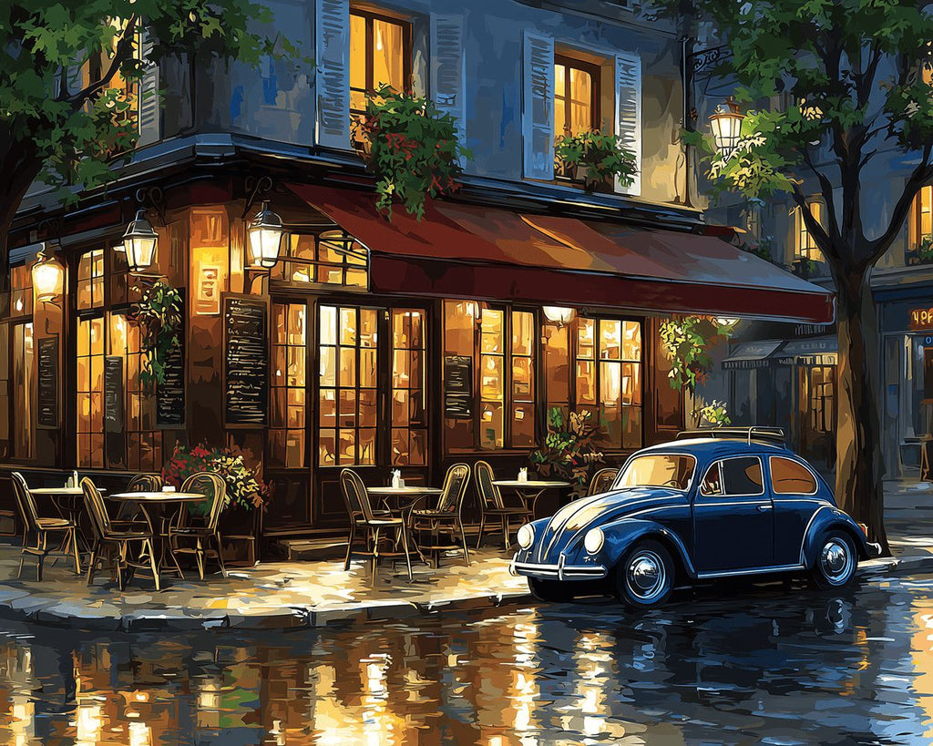 Coffee Shop and Car in the Rain at Night Paint by Numbers