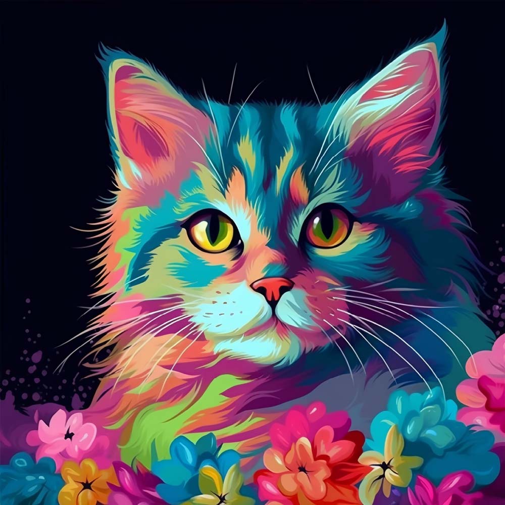 Colorful Cat and Colorful Flowers Paint by Numbers