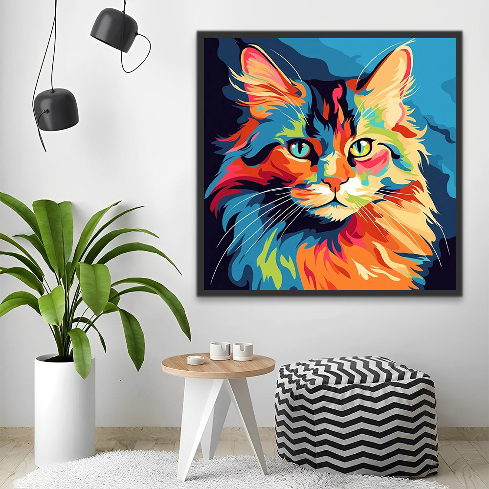 Colorful Cat on Blue Background Paint by Numbers